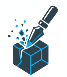 Modern digital chisel icon carving a geometric cube with blue pixel fragments.