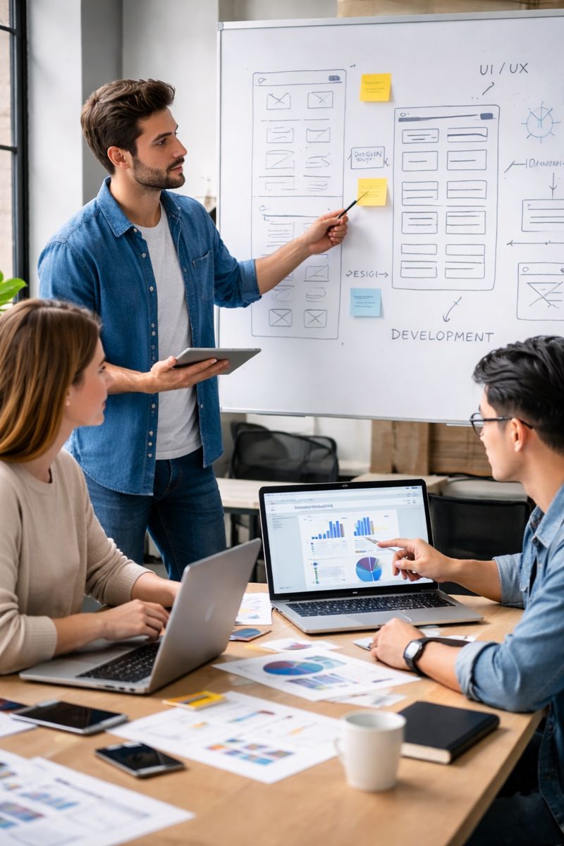 Website design and SEO team collaborating on UI UX planning and website development process