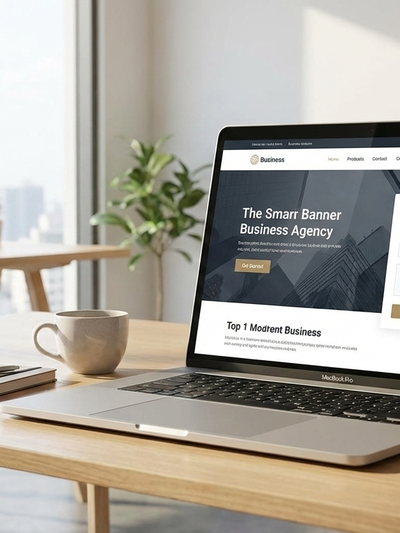 Modern business website displayed on a laptop in a clean workspace